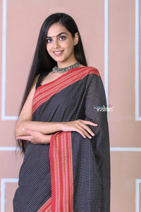 Thumbnail for Very Much Indian Traditional Patteda Anchu Ilkal Handloom Saree-Adequate Black With Red Border - Distacart