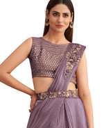 Thumbnail for Purple Satin Embroidered Ready To Wear Saree With Unstitched Blouse Piece - Nandika - Distacart