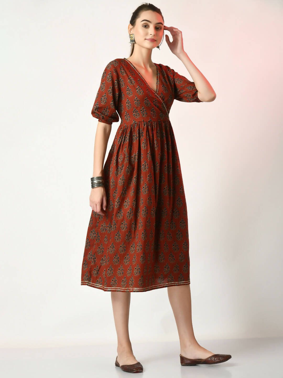 Myshka Women's Rust Empire Printed Dress - Distacart