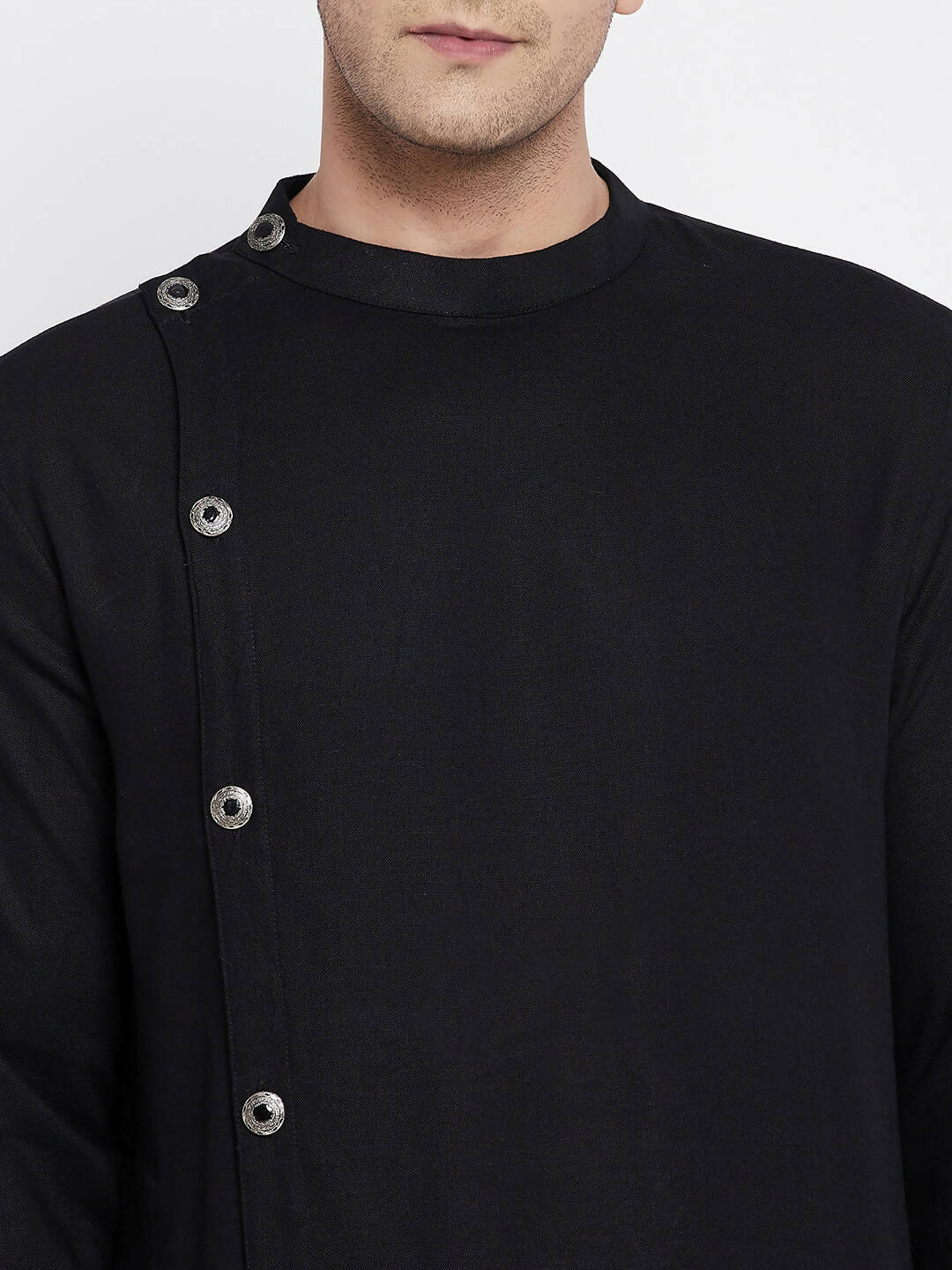 Even Apparels Black Pure Cotton Men's Sherwani Kurta With Asymetrical Cut - Distacart