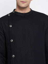 Thumbnail for Even Apparels Black Pure Cotton Men's Sherwani Kurta With Asymetrical Cut - Distacart