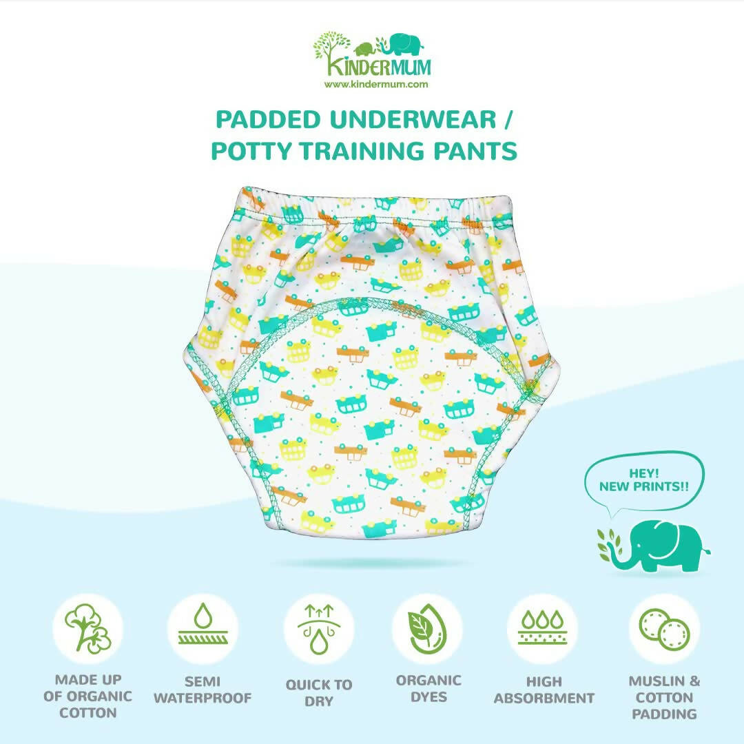 Kindermum Cotton Padded Pull Up Training Pants/Padded Underwear For Kids Peachy Star & Green Car-Set of 2 pcs - Distacart
