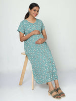 Thumbnail for Manet Short Sleeves Maternity Dress Floral Print With Concealed Zipper Nursing Access - Green - Distacart