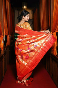 Thumbnail for Very Much Indian Triple Muniya Border Paithani- Authentic Handloom Pure Silk With Parrots Pallu - Zari Stripes - Distacart