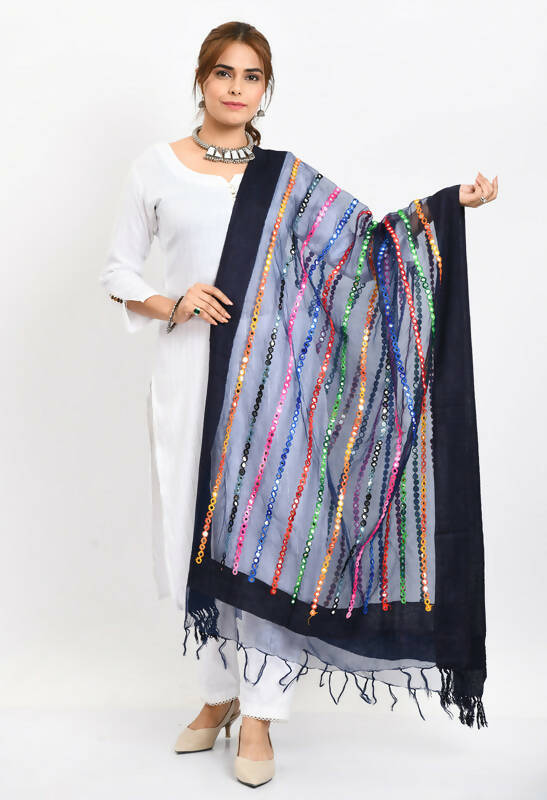 Mominos Fashion Moeza Women's Orgenza Multi Thread Mirror Work Navy Blue Dupatta - Distacart
