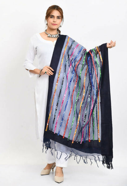 Mominos Fashion Moeza Women's Orgenza Multi Thread Mirror Work Navy Blue Dupatta - Distacart
