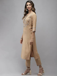 Thumbnail for Yufta Women Beige & Charcoal Grey Ethnic Motifs Embroidered Kurta with Trouser & Dupatta