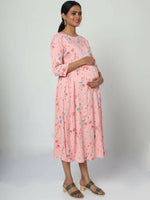 Thumbnail for Manet Three Fourth Maternity Dress Floral Print With Concealed Zipper Nursing Access - Peach - Distacart