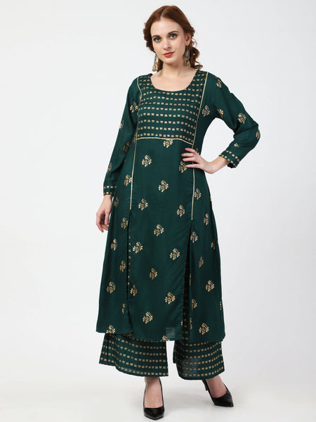 Cheera Embellished Daily Wear Cotton Blend Kurta With Palazoo - Bottle Green - Distacart