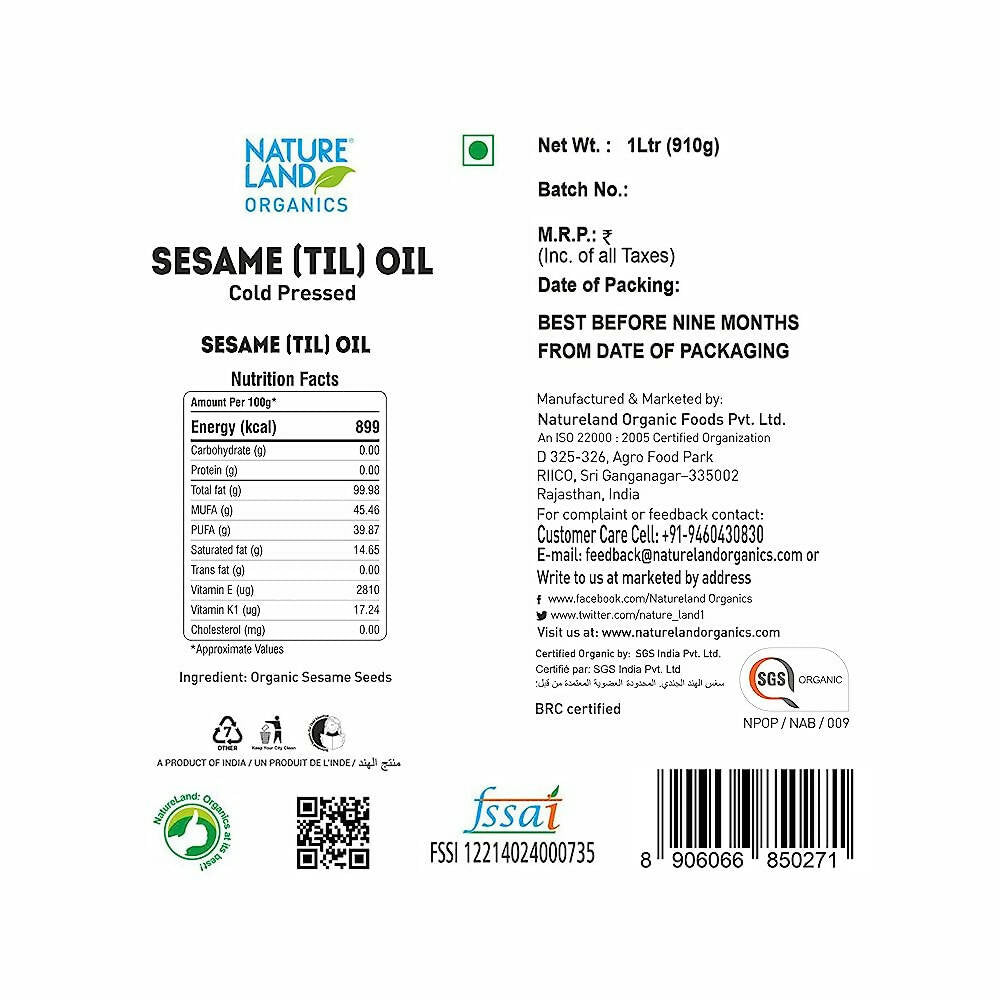 Natureland Organics Sesame Oil - Distacart