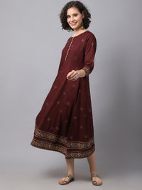 Thumbnail for NOZ2TOZ Women Maroon Ethnic Motifs Printed Kurta Dress - Distacart