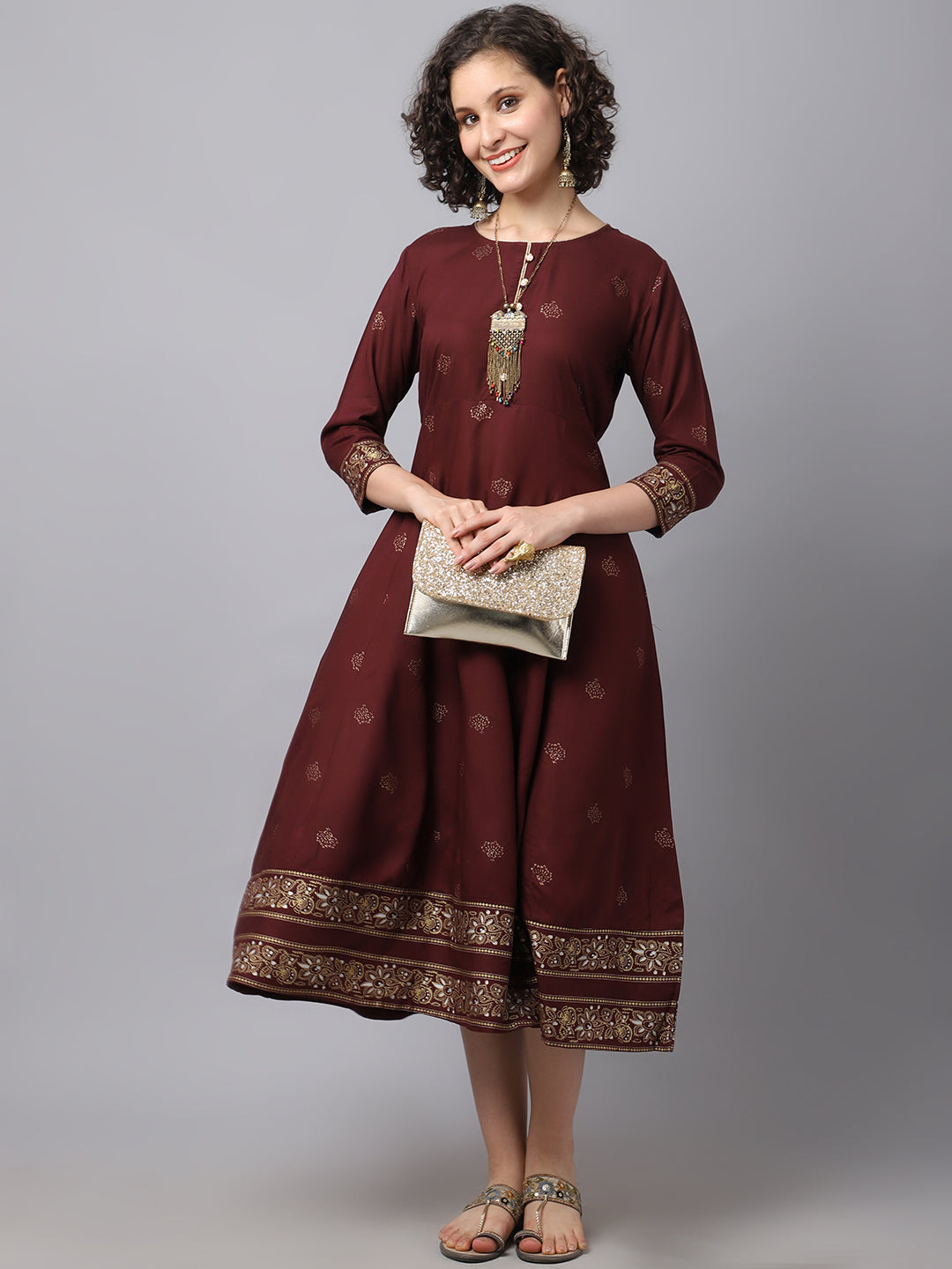 NOZ2TOZ Women Maroon Ethnic Motifs Printed Kurta Dress - Distacart