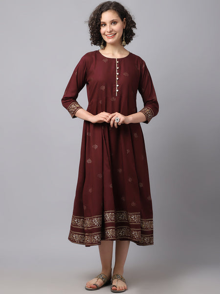 NOZ2TOZ Women Maroon Ethnic Motifs Printed Kurta Dress - Distacart