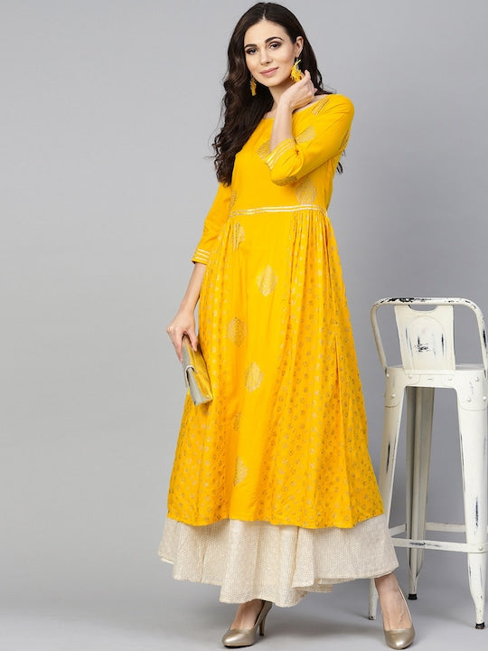 NOZ2TOZ Women Yellow & Golden Printed A-Line Kurta - Distacart