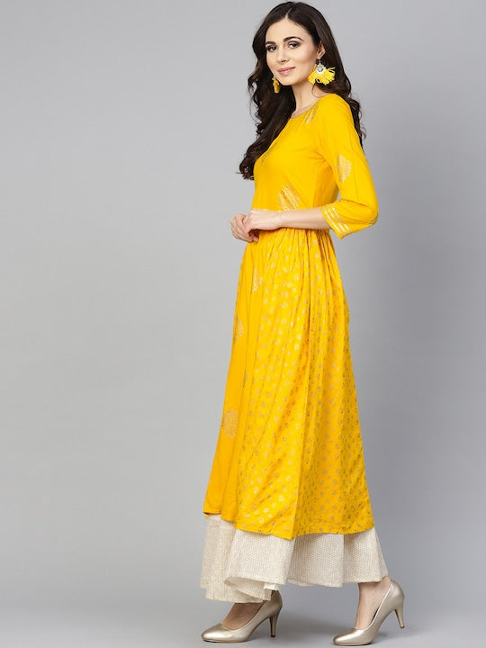 NOZ2TOZ Women Yellow & Golden Printed A-Line Kurta - Distacart