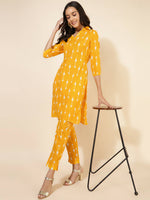 Thumbnail for Janasya Women's Yellow Cotton Ikkat Printed Casual Straight Co-ords - Distacart