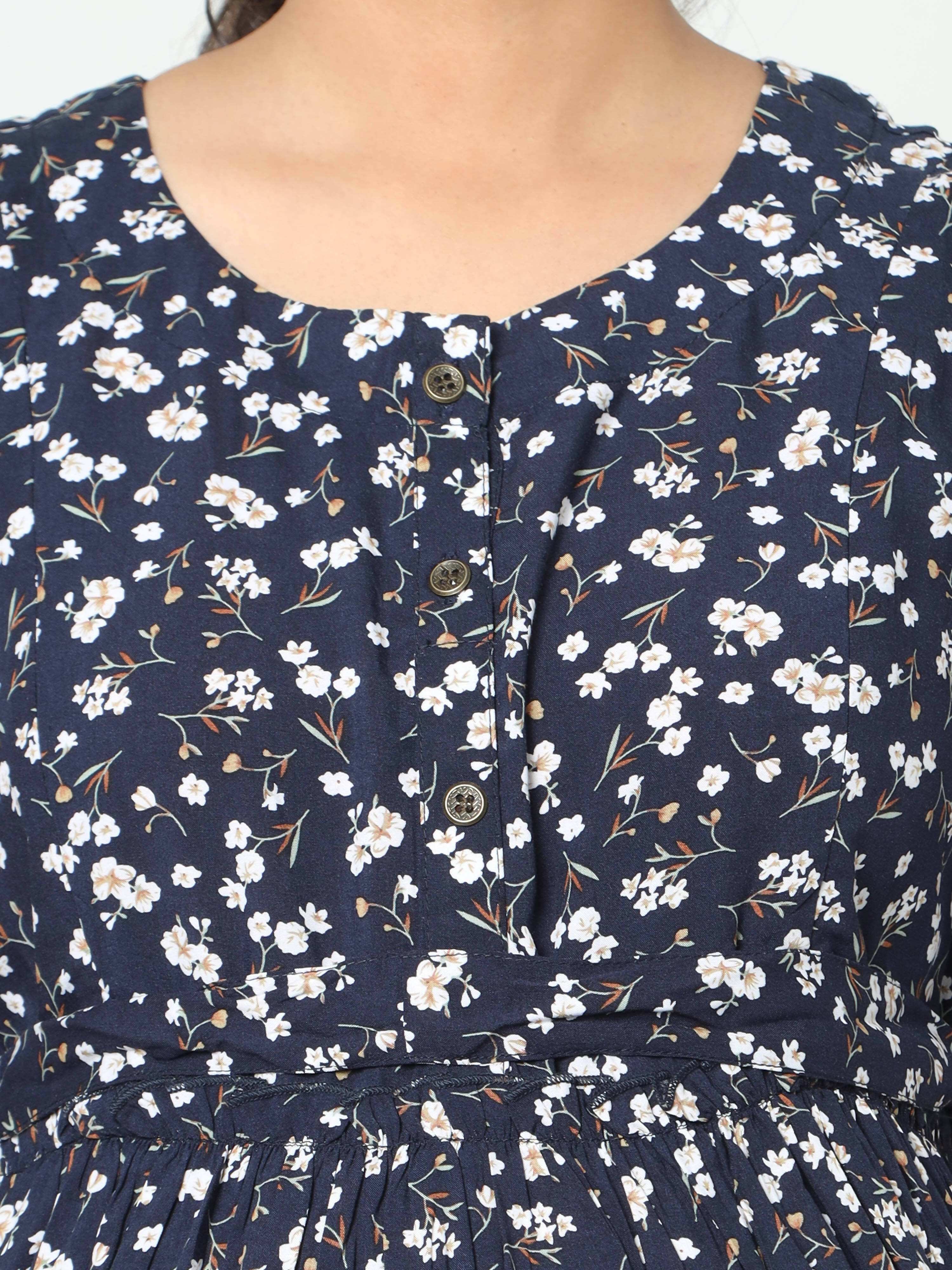 Manet Frill Slevees Maternity Dress Floral Print With Concealed Zipper Nursing Access - Navy - Distacart