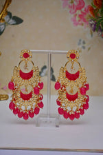 Thumbnail for Meenakari Work Gold Plated 2 Layered Beaded Red Chandbali Earrings with Kundan and Pearl Work By House of Ree - Distacart