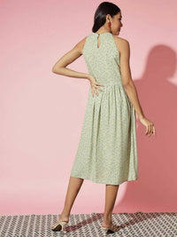 Thumbnail for Myshka Women Green Ethnic Motifs Rayon A-Line Round Neck Dress - Distacart