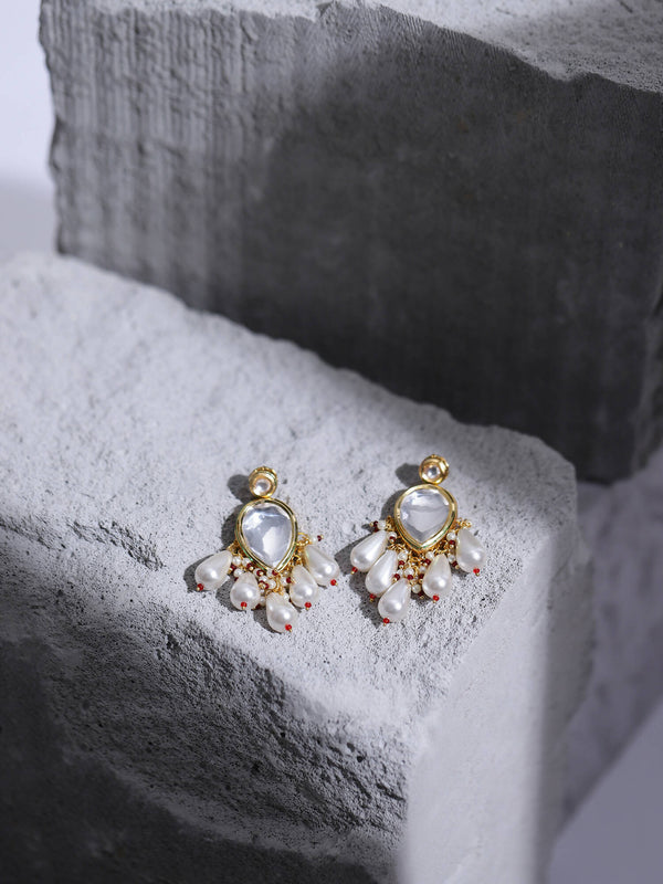 Gold-Toned White Kundan Contemporary Gold-Plated Drop Earrings - Ruby Raang - Distacart
