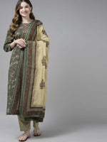Thumbnail for Yufta Women Green and Beige Floral Print Pure Cotton Kurta with Palazzo and Dupatta