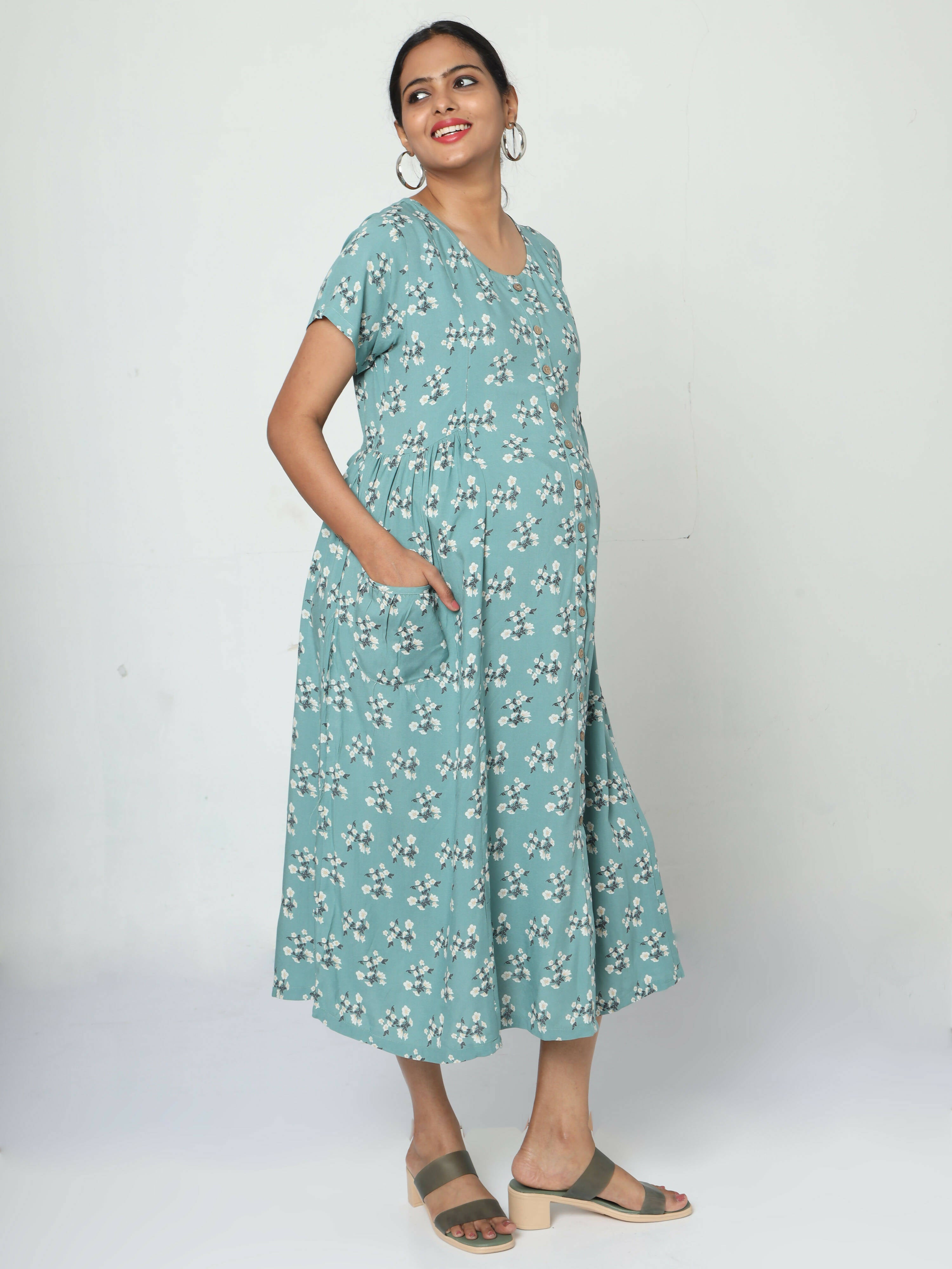 Manet Short Sleeves Maternity Dress Floral Print With Concealed Zipper Nursing Access - Green - Distacart