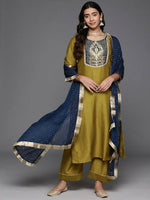 Thumbnail for Varanga Ethnic Motifs Zari Embroidered Regular Kurta with Trousers & Dupatta - Distacart
