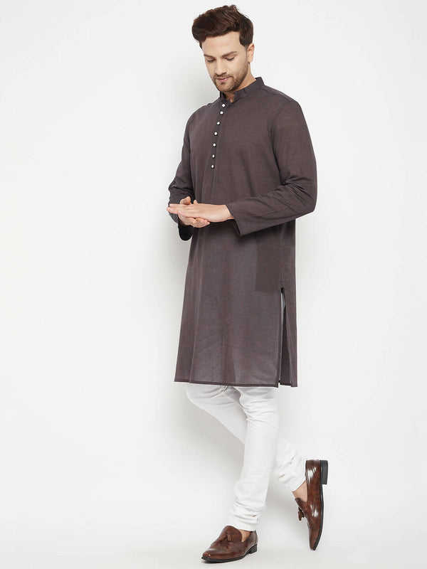 Even Apparels Brown Pure Cotton Long Men's Kurta With Band Collar - Distacart