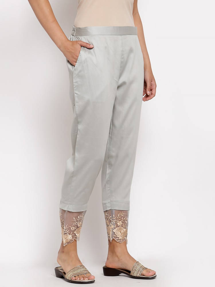 Myshka Women's Grey Cotton Solid Casual Trouser