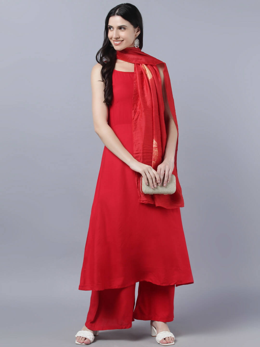 Myshka Women Red High Slit Kurta with Palazzos With Dupatta - Distacart