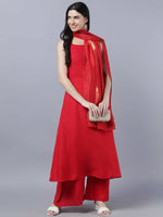 Thumbnail for Myshka Women Red High Slit Kurta with Palazzos With Dupatta - Distacart