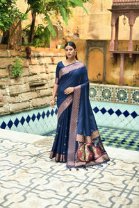 Thumbnail for Vishnu Weaves Women's Blue Cotton Silk Zari Woven Butta Work Saree with Blouse - Distacart