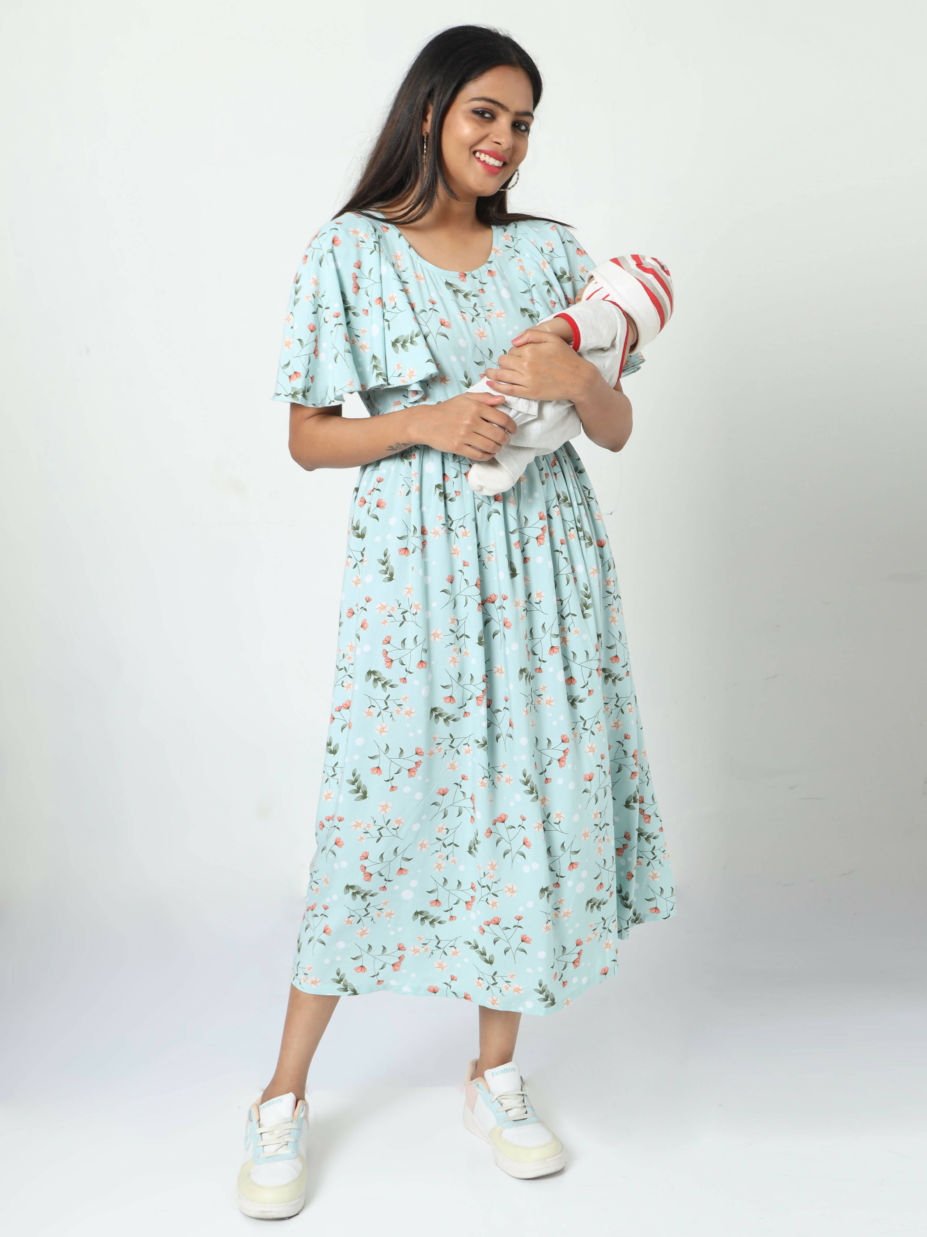 Manet Frill With Sleeve Maternity Dress Floral Print With Concealed Zipper Nursing Access - Green - Distacart
