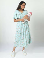 Thumbnail for Manet Frill With Sleeve Maternity Dress Floral Print With Concealed Zipper Nursing Access - Green - Distacart