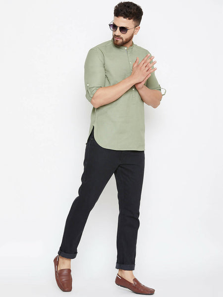 Even Apparels Green Color Men's Pure Cotton Kurta With Band Collar - Distacart