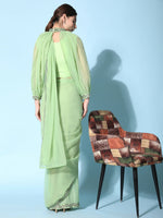 Thumbnail for Green Fancy Pure Fabric Plain Ready to wear Saree with stitched Blouse - Vrinda - Distacart