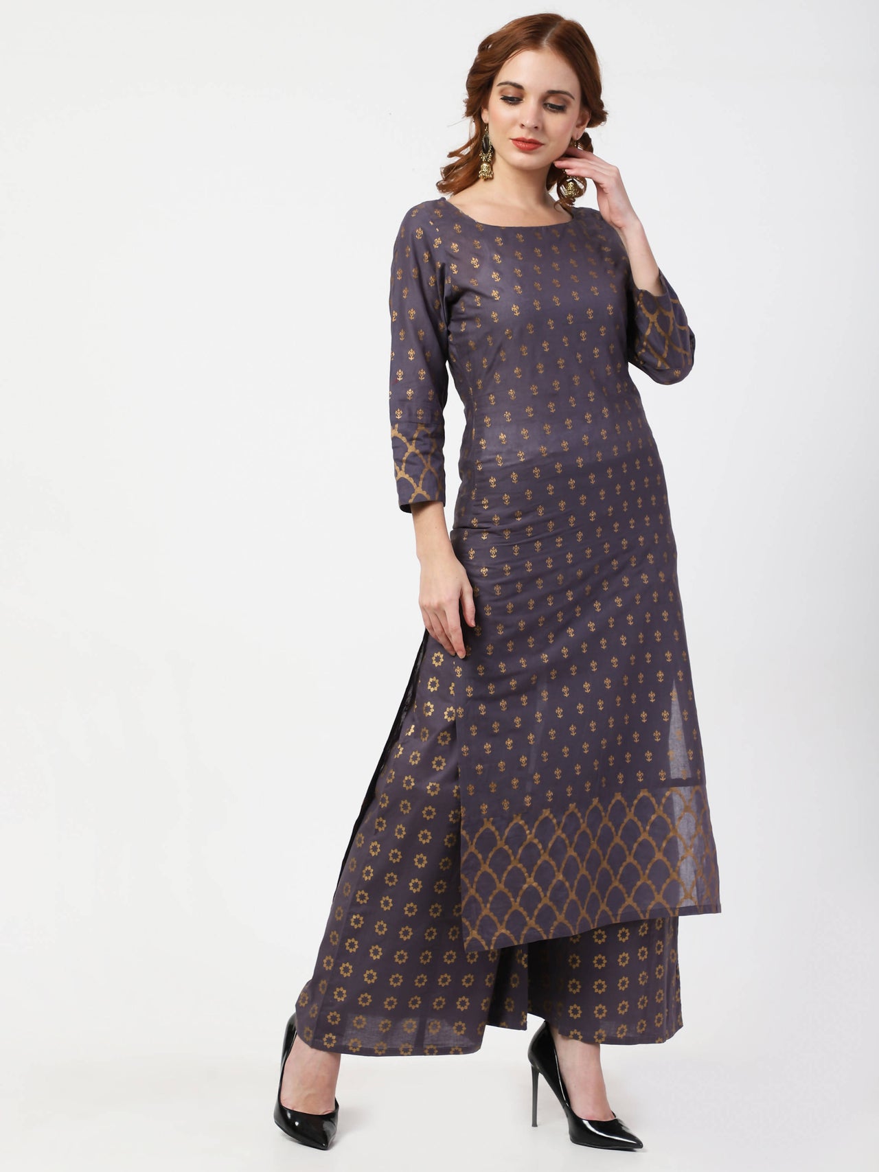 Cheera Printed Gray Kurta Palazzo Set (CH103KP) - Distacart