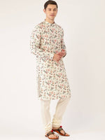 Thumbnail for Manyavar Men Off-White & Pink Floral Print Straight Kurta - Distacart
