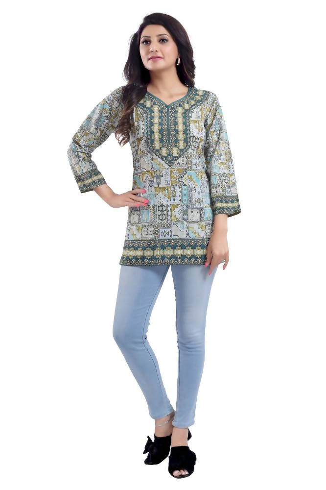Snehal Creations Faux Crepe Variyali Short Kurti Tunic Top