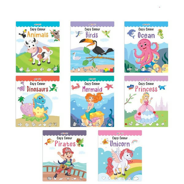 Jolly Kids Copy Colour Books Set of 8| Colouring Books: Animals, Flowers, Dinosaurs, Mermaid, Ocean, Pirates, Princess & Unicorn| Ages 3-10 years - Distacart