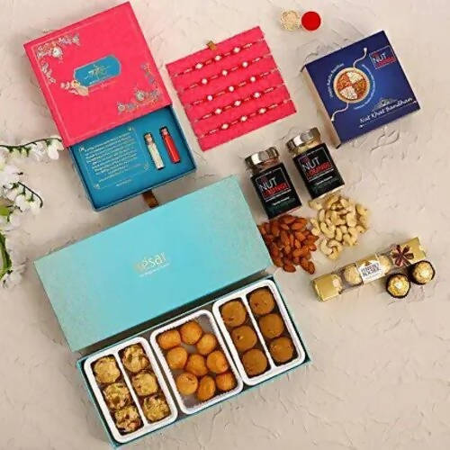 Set of 5 Pearl Rakhi & Sweet Savoury Treats