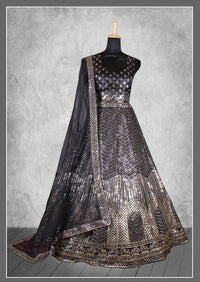 Thumbnail for Black Satin Silk Cord and sequins Floral embroidery Bridal lahenga Choli with Dupatta - Nimaya Pavitra Rista - Distacart