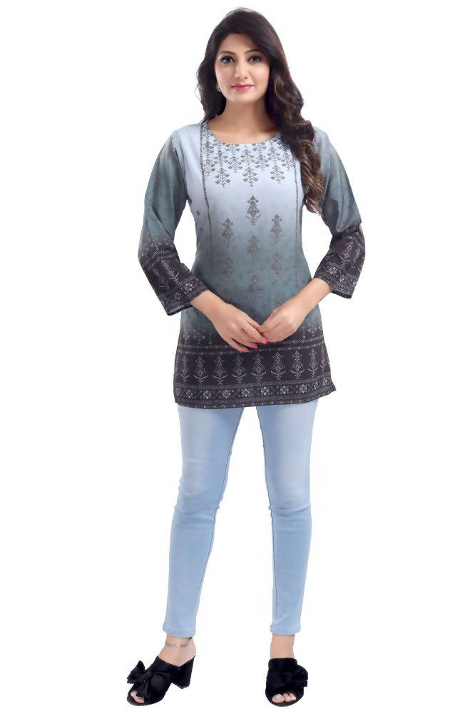 Snehal Creations Gray Color Faux Crepe Printed Short Kurti Tunic