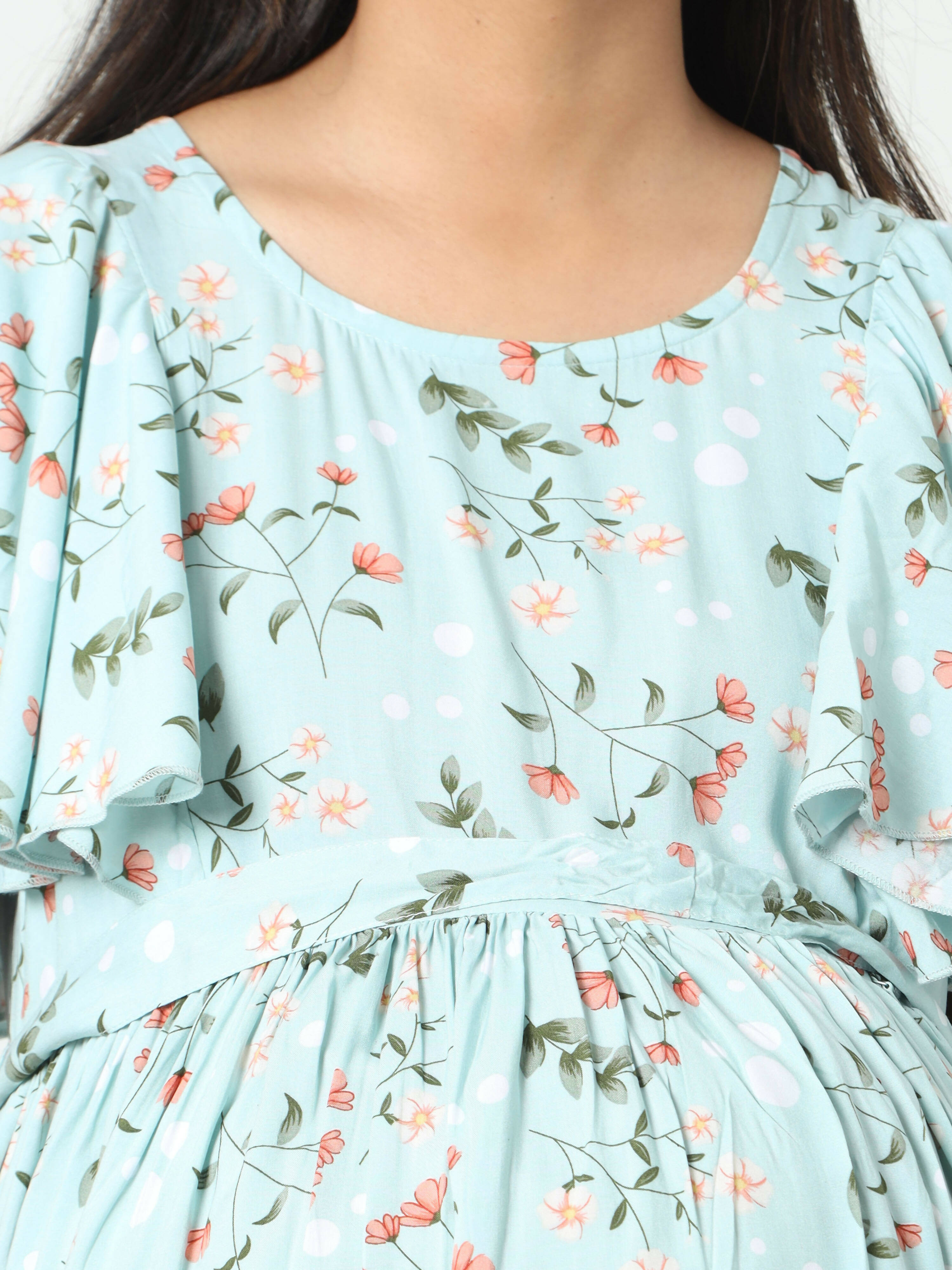 Manet Frill With Sleeve Maternity Dress Floral Print With Concealed Zipper Nursing Access - Green - Distacart