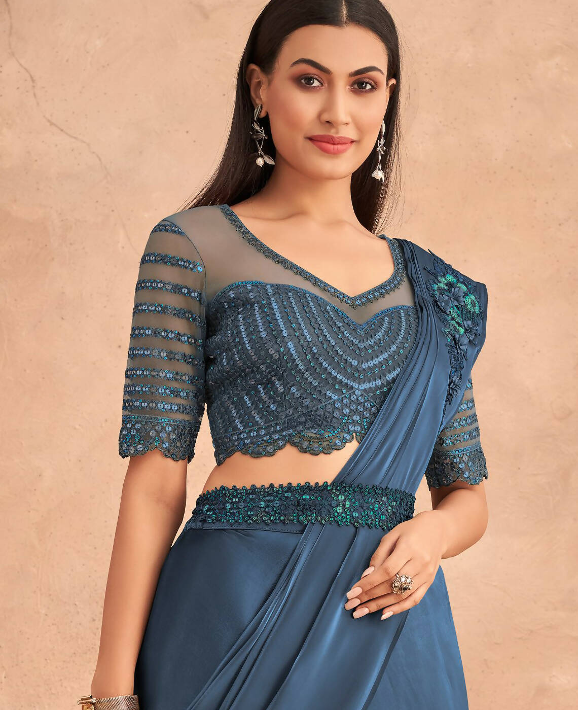 Navy Blue Satin Embroidered Ready To Wear Saree With Unstitched Blouse Piece - Nandika - Distacart