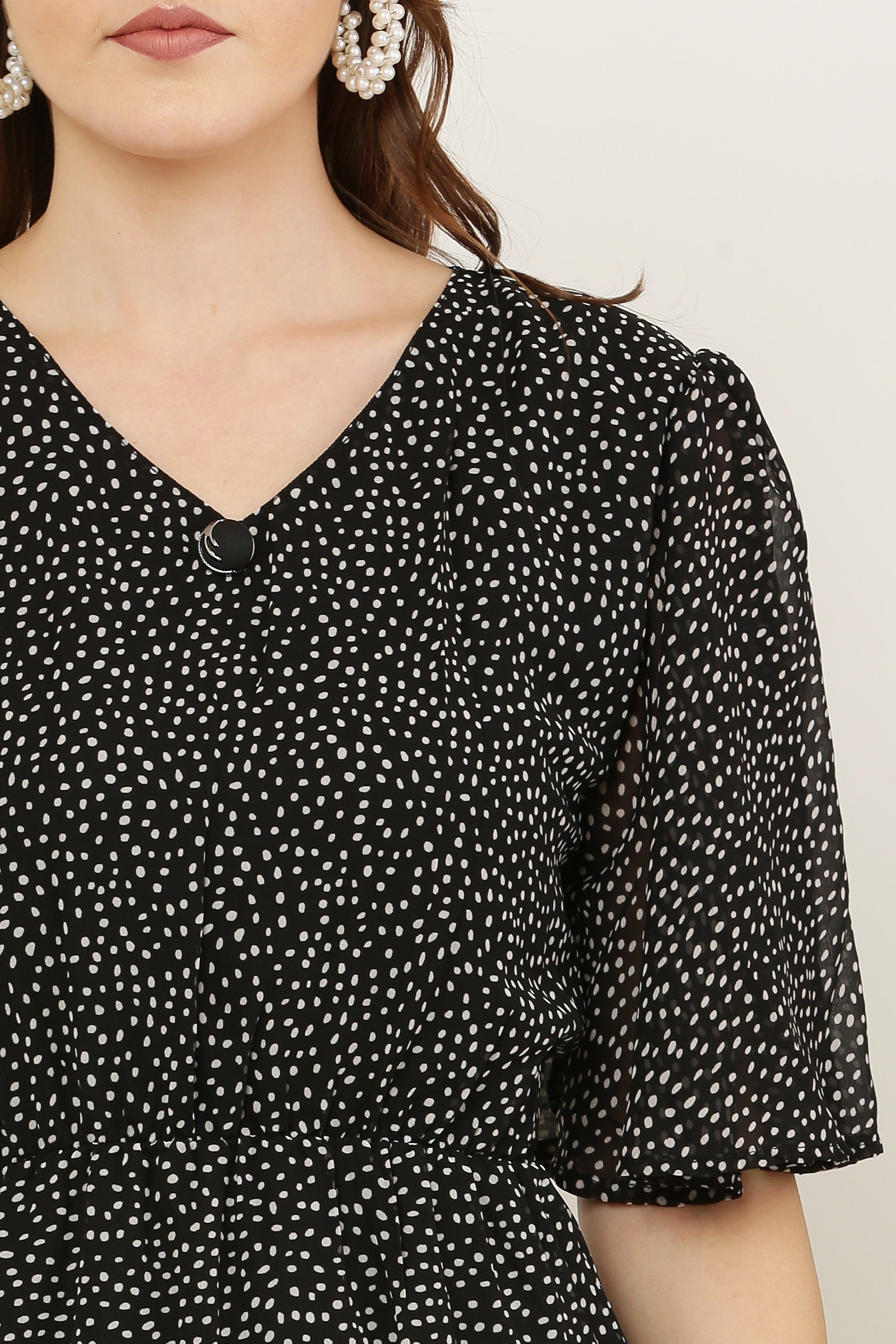 PAVONINE Micro Dots V-Neck Georgette Fabric Black Dress For Women - Distacart