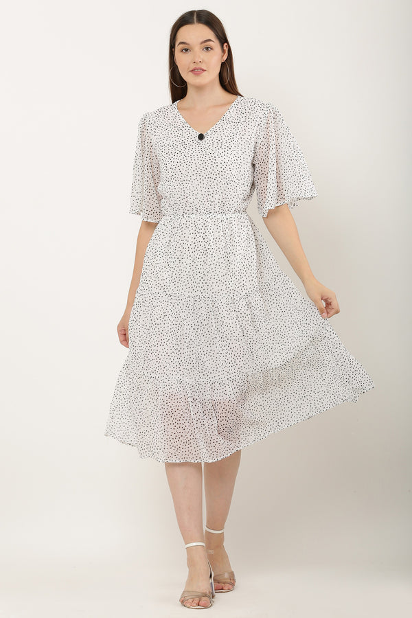 PAVONINE Micro Dots V-Neck Georgette Fabric White Dress For Women - Distacart