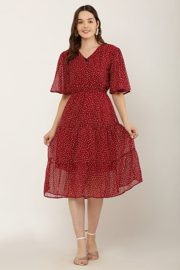 PAVONINE Micro Dots V-Neck Georgette Fabric Maroon Dress For Women - Distacart