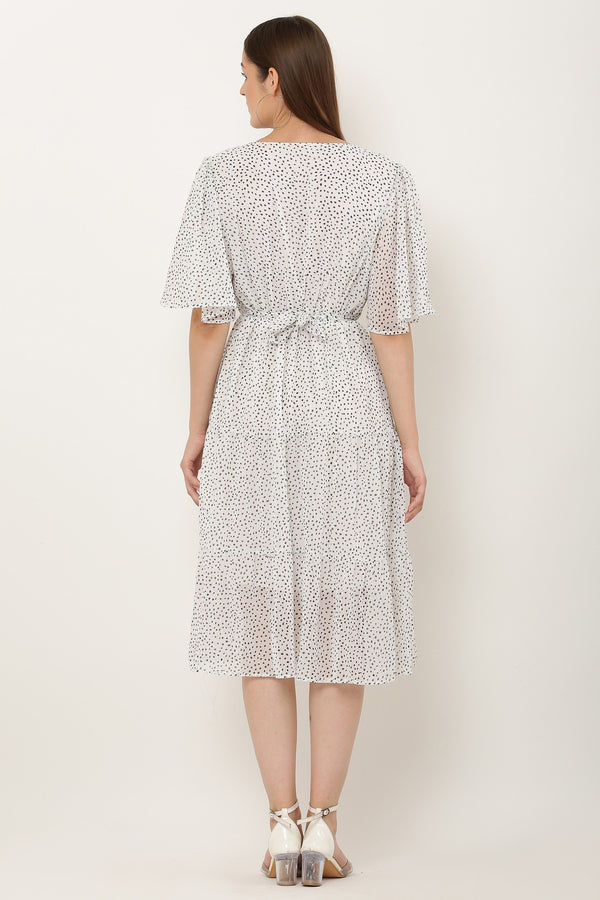 PAVONINE Micro Dots V-Neck Georgette Fabric White Dress For Women - Distacart