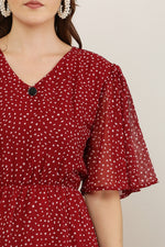 Thumbnail for PAVONINE Micro Dots V-Neck Georgette Fabric Maroon Dress For Women - Distacart